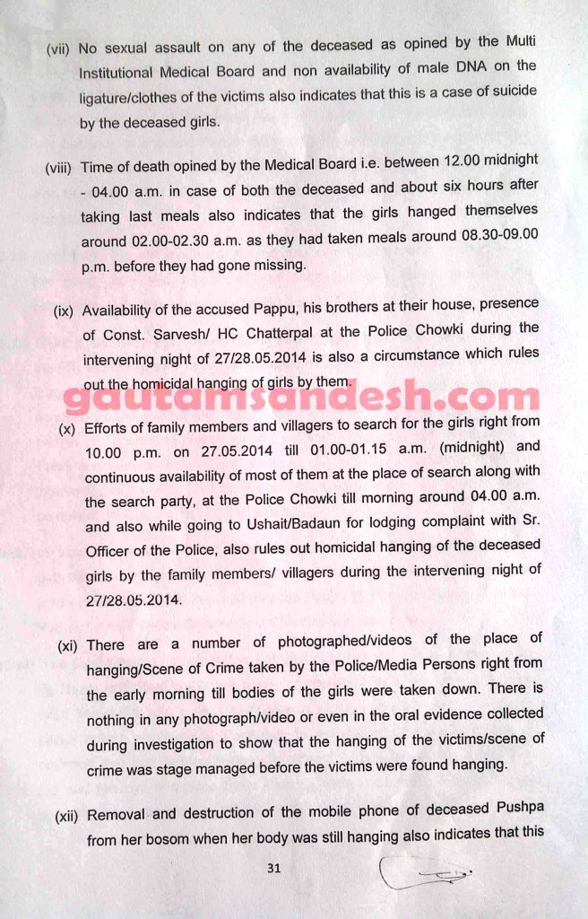 न्यायालय में दाखिल की गई सीबीआई की जांच आख्या का पेज नंबर- इकत्तीस। 