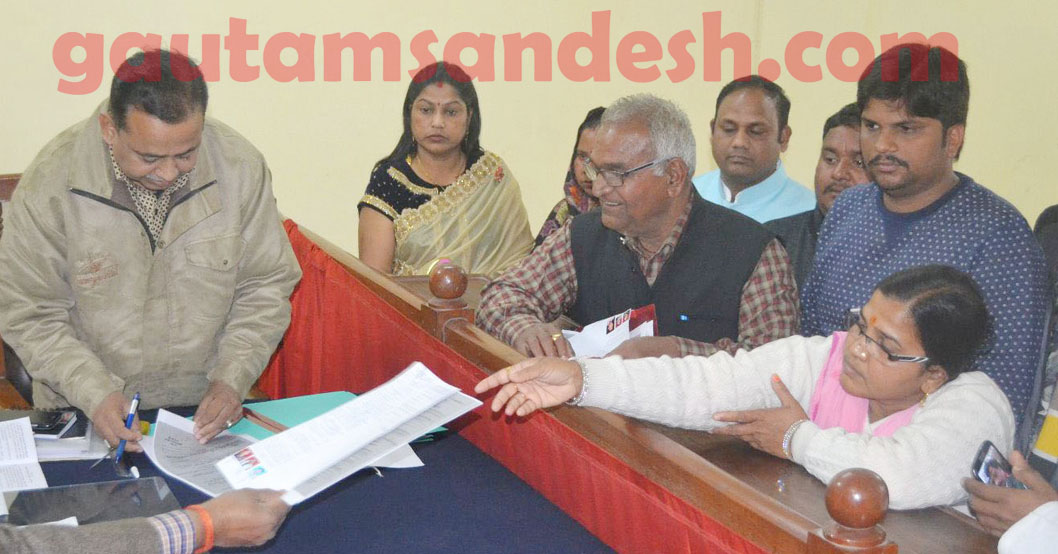 नामांकन पत्र दाखिल करते हुए सपा प्रत्याशी मधु चंद्रा।